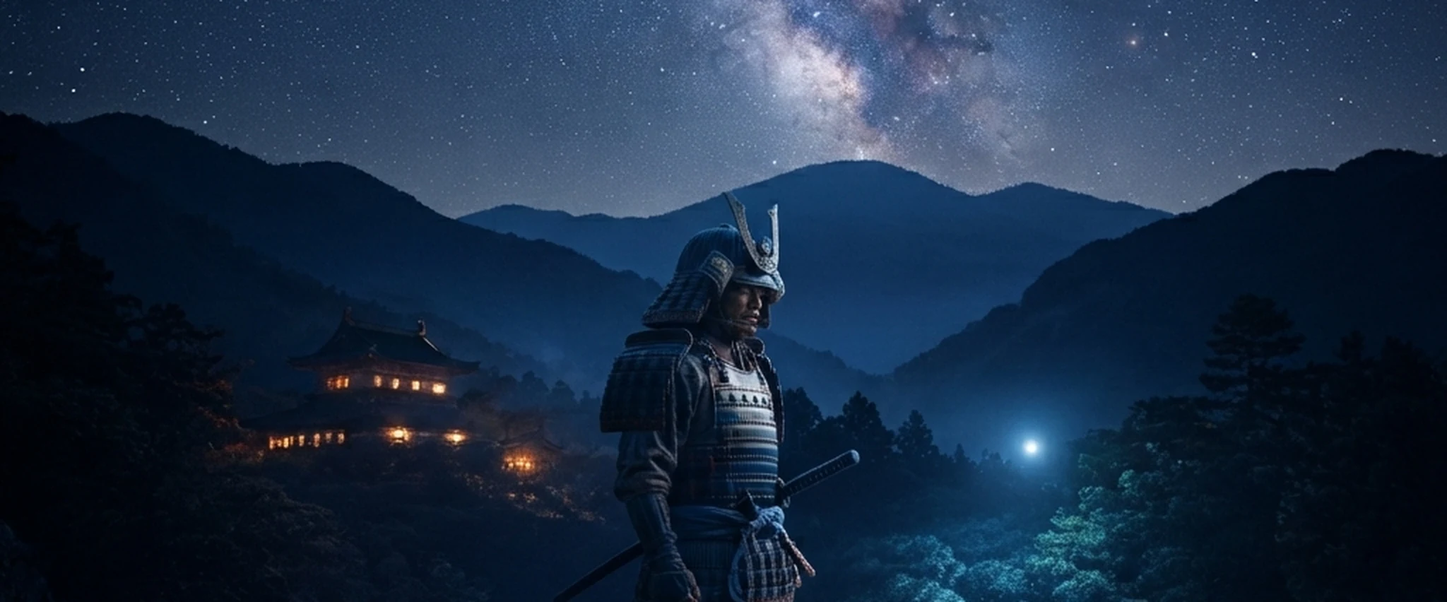 A samurai standing beneath a starry night sky with the Milky Way visible over a lit temple